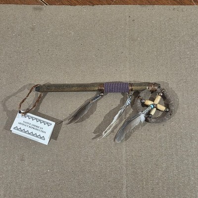 Authentic Navajo Native American Talking Stick Handcrafted Purple Beads feathers