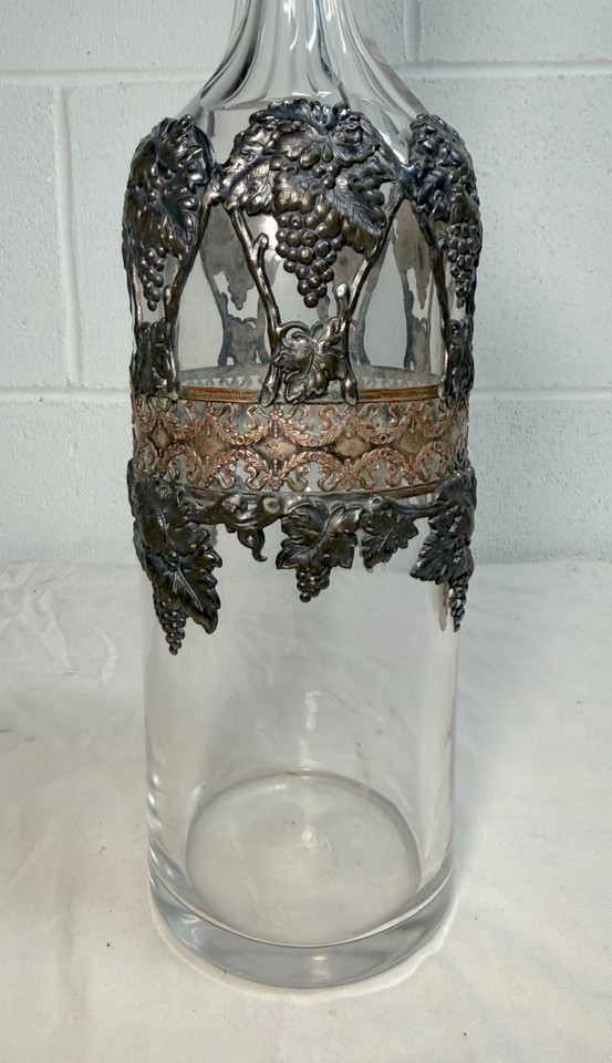 antique ornate silverplate bronze over glass liquor carafe decanter bottle jar