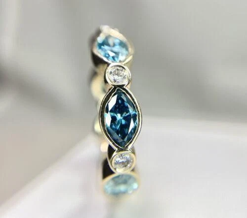 14k Yellow Gold Natural Fancy Blue Marquise Diamond Eternity Band Ring - Image 4 of 4