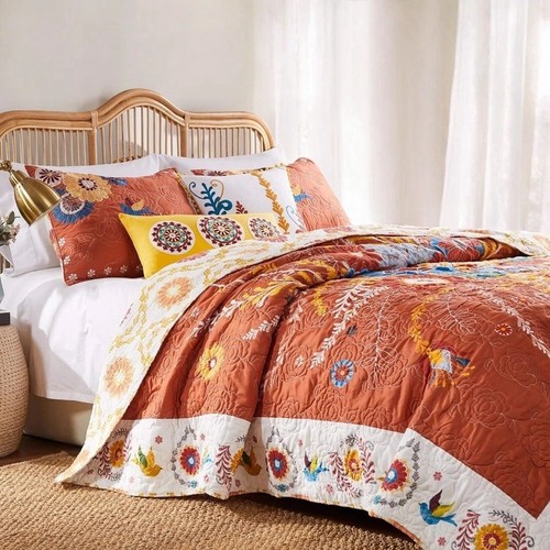 NEW Anthropologie Queen / King Reversible Boho Quilt Bedspread Bedding Sham Set - Picture 5 of 14