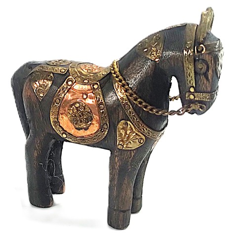 Set of 2 Battle Armored Hand Carved Horse Wood with Brass & Copper Inlay Metal - Picture 13 of 17