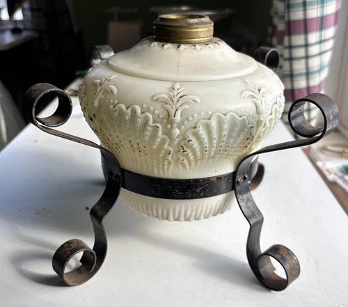 Antique Victorian Milk Glass Oil Lamp Shell Pattern & Metal Stand Holder Base