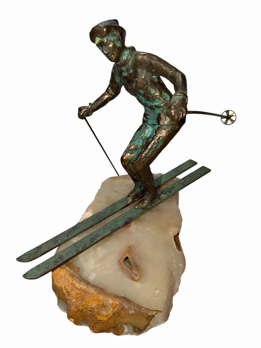 Curtis Jere Skier Downhill Bronze Sculpture w Onyx Base Signed and Labeled