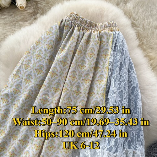 Mujeres Falda Midi de Encaje en Capas Cintura Elástica Retazos Volantes Línea A Retro - Imagen 7 de 9