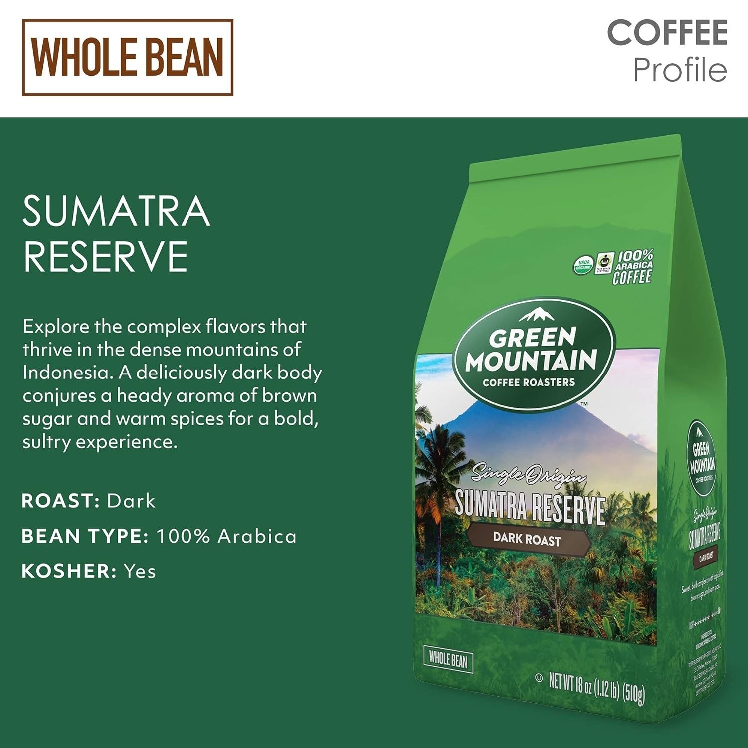 7 Bags Green Mountain Sumatra Reserve, Whole Bean Dark Roast, - Old Stock