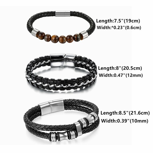 3pcs Stainless Steel Braided Genuine Leather Bracelet Magnetic Clasp 7.5"-8.5" - Bild 9 von 11