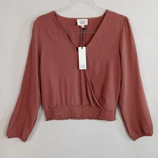 Olive and Oak Long Peasant Sleeve Smocked Wrap Top Size L Washed Berry NWT