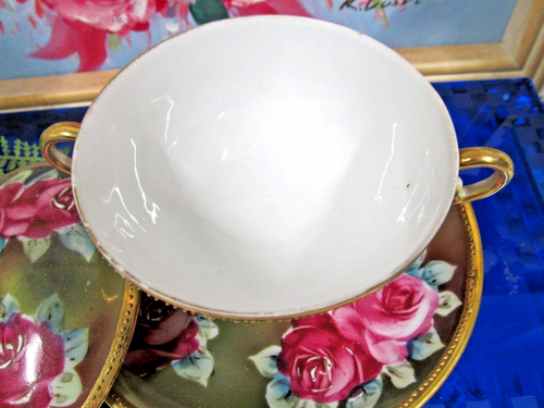 Nippon tea cup and saucer painted double handle teacup pink roses raised gold - Picture 11 of 14