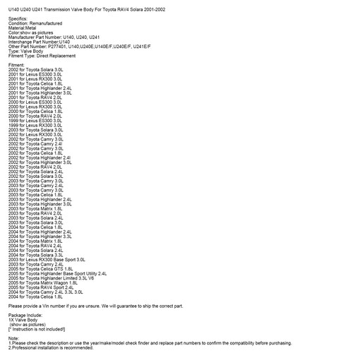 U140 U240 U241 Transmission Valve Body For Toyota RAV4 Solara 2001-2002 - Picture 13 of 13