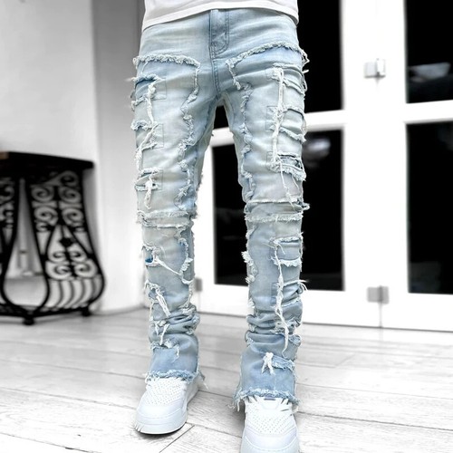 Herren Mode Jeans Street Stretch Patch dünn Denim gerade gestapelt schmale Hose - Bild 22 von 28