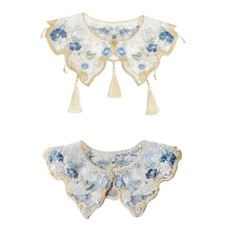 Chinese Embroidery Flower Shawl Scarf Pearl Tassels Organza False Collar Capelet