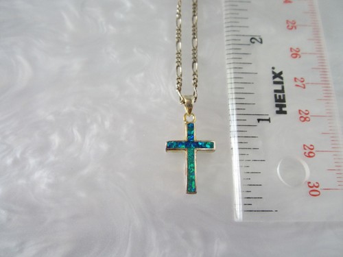 VINTAGE SOLID STERLING SILVER GENUINE BLACK OPAL CROSS PENDANT NECKLACE - Picture 8 of 18