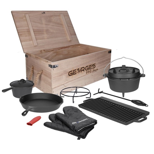 Set forno olandese 9 pezzi ghisa in scatola di legno incl. piastra per barbecue padella pentola e molto altro- Set forno olandese 9 pezzi ghisa in scatola di legno incl. piastra per barbecue padella pentola e molto altro-