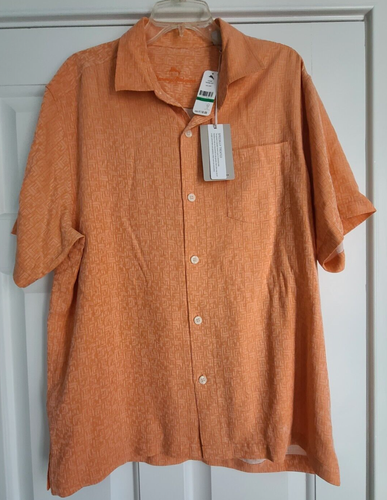Tommy Bahama Orange Silk Santorini Tiles Aztec Pattern Short Sleeve Shirt NWT L