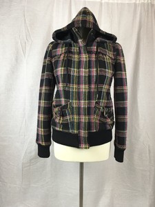 ROXY-Womens-Hooded-Sweater-Jacket-Size-Medium-M-First-Love-Neon-Plaid-Pink-Black