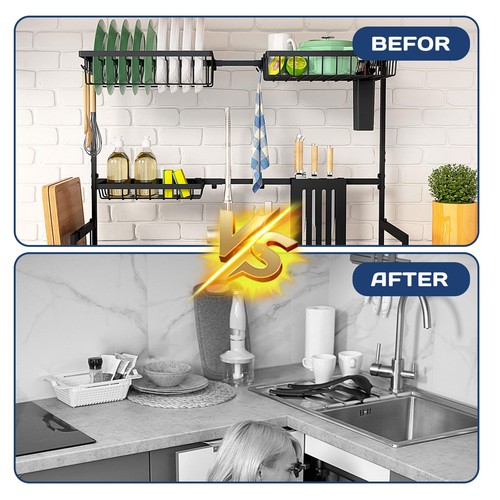 Over The Sink Dish Drying Rack 2-Tier Stainless Steel Kitchen Dish Drainer Black - Picture 3 of 14