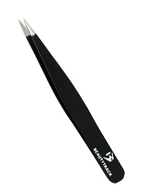 BEAUTYTRACK Black Colour Professional Eyebrow Pointed Tweezers Hair Beauty Stainless Steel P