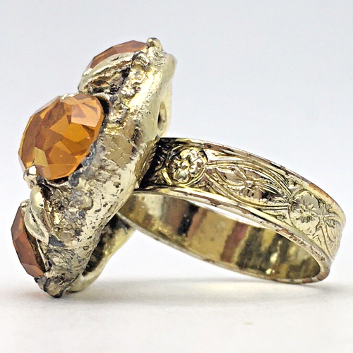 Vintage Faceted Glass Faux Citrine Adjustable Statement Cocktail Ring Engraved - Picture 4 of 5