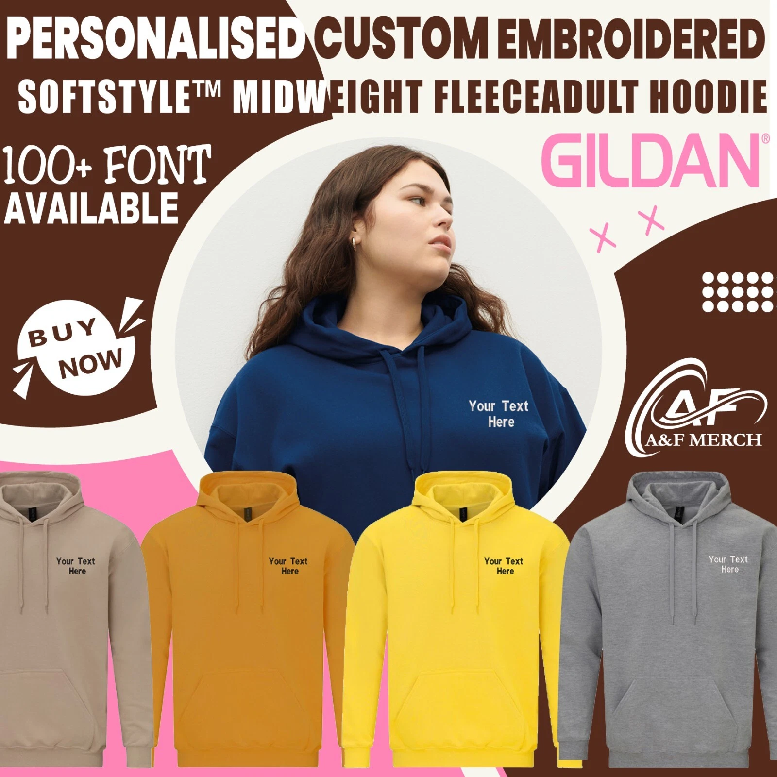 Personalised Embroiderd Gildan Softstyle Midweight Fleece Adult Unisex Hoodie