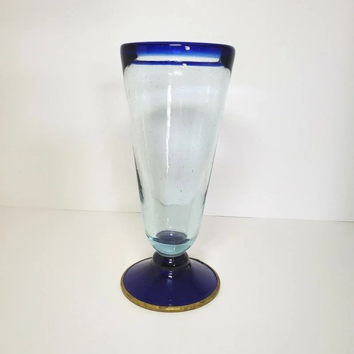 Pilsner Bierglas mexikanisch mundgeblasen blauer Rand Parfait Messingrand Fuß Barware - Bild 2 von 9