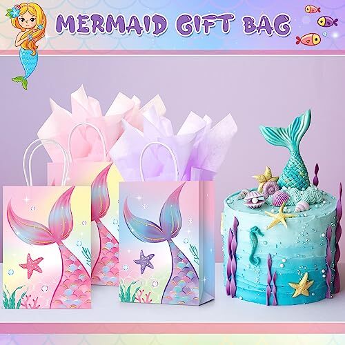 16 Pcs Mermaid Birthday Gift Bags with Tissue Paper Mermaids Theme Party Favor - Picture 6 of 8