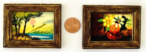 2 Miniature Dollhouse Hand Painted Wood Framed Pictures Wall Art 2-5/8 x 2” 1:12 - Picture 2 of 5