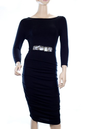 TART Long Sleeve Embelished Ruched Body-Con Stretch Cocktail Dress Black Sz S - Picture 1 of 5