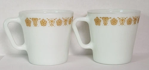 Vintage Pyrex Corning Coffee Cups Mugs Butterfly Gold D Handle Set of 2