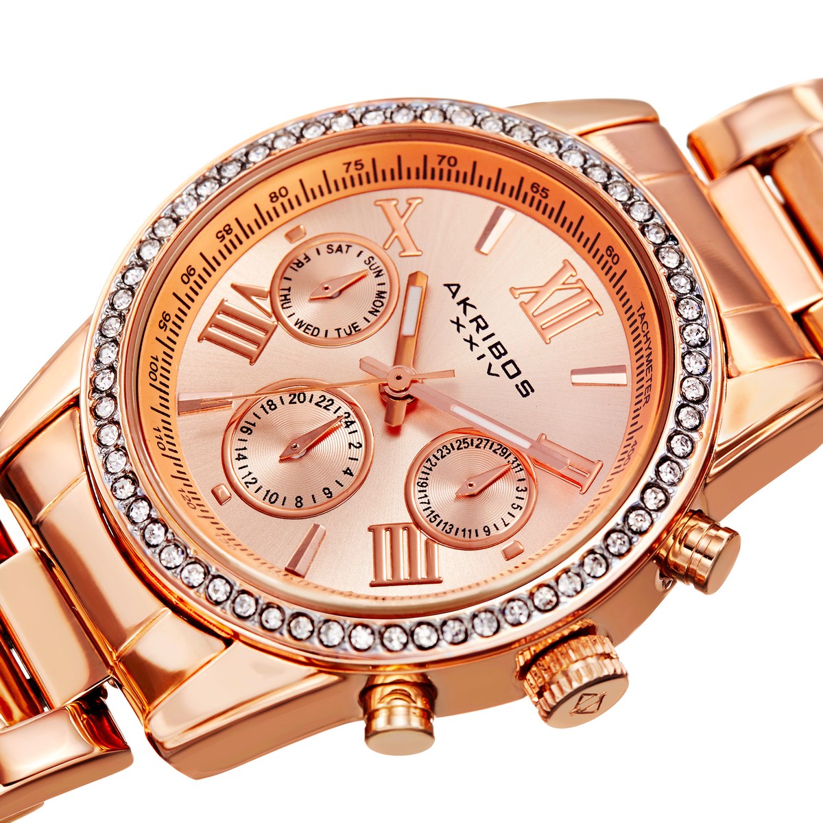 New $295 Tag Akribos XXIV Watch Swarovski Crystal Bezel, MOP Dial AK1093 Red Akribos XXIV Men main image 3