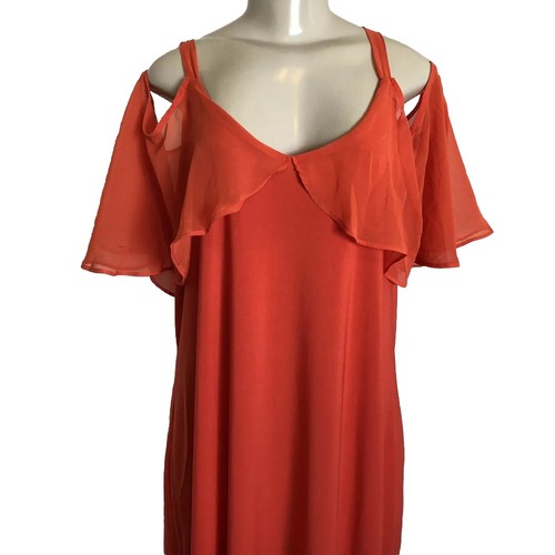 NY Collection 1X Maxi Dress Orange Ruffled V Neck Flutter Slv Cold Shoulder - Picture 2 of 5