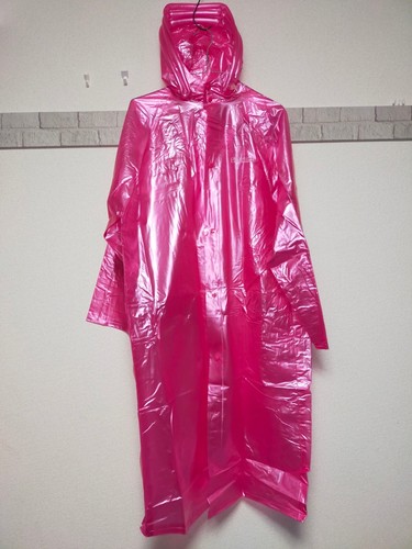 pearl shiny pink color longcoat PVC vinyl rainwear hooded jacket air valve - Picture 6 of 22