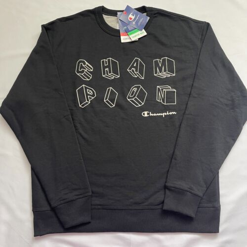 New Men Champion Powerblend Fleece Crew Neck Sweatshirt Block Logo Black size L - Picture 3 of 14