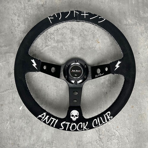 BULL BOOST SKULL REINFORCED 350MM 3"DEEP DISH SUEDE BLACK DRIFT STEERING WHEEL - Picture 1 of 3