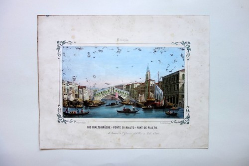 Venezia Ponte di Rialto Litografia Acquerellata Fontana a S. Giacomo 1850ca.