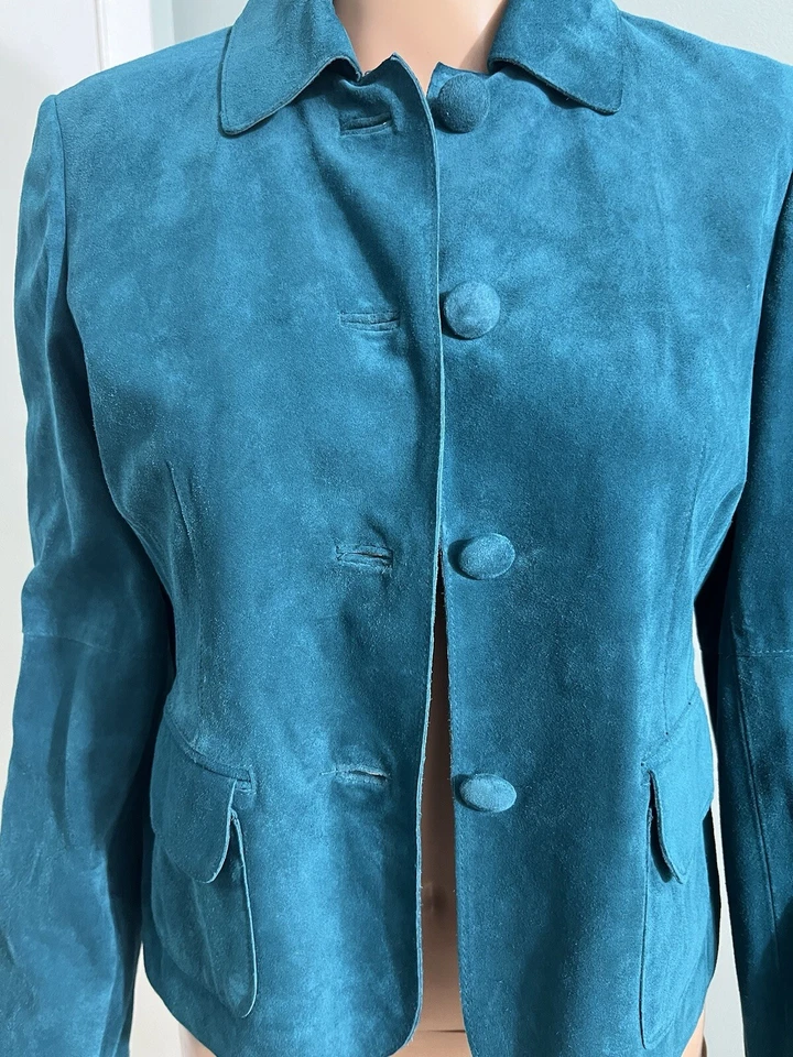 Abrigo Chaqueta Para Mujer Ann Taylor Petites Turquesa Gamuza Botón Delantero Talla SP Foto 3 de 4