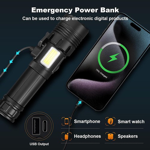 1000000 Lumens Tactical Flashlight USB Work Light Strong Light Zoom Flashlight - Picture 8 of 12