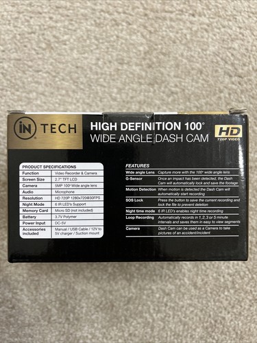 iN TECH 6007 2.7" HD Wide Angle Car Dash Camera - Black New & Sealed - Picture 2 of 4