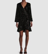 Eliza J Women's Black Sequins Long Sleeve Surplice Faux Wrap Dress Sz 12