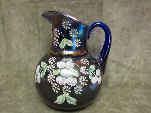 Ca 1915 Fenton Kunstglas Kobaltblau Karneval Glas handbemalt Kirschkrug