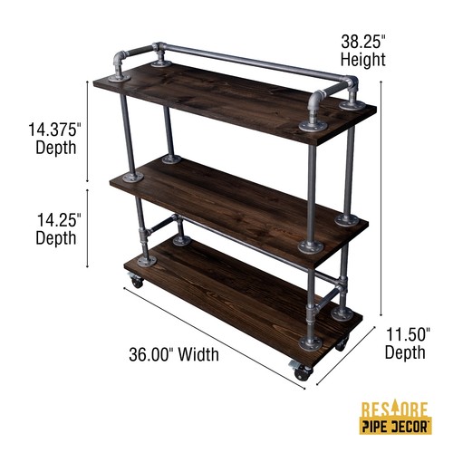 Dreistöckiger Holzregal Industrie Barwagen mit feststellbaren Rollen, Boulder schwarz - Bild 3 von 10