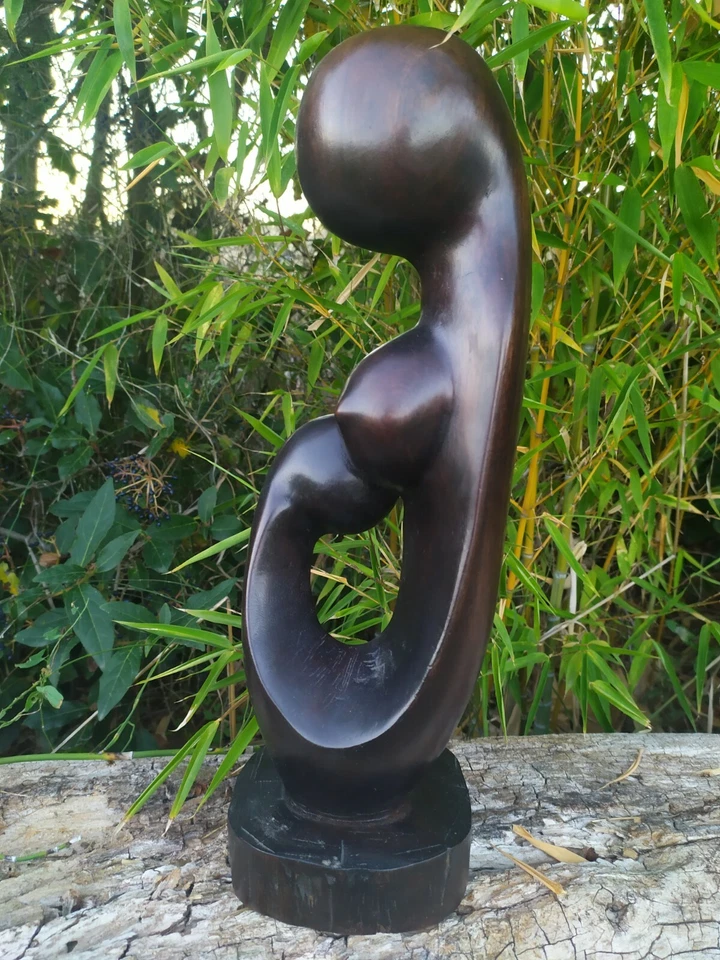 Grande Sculpture Femme à l'Enfant Ancienne, en Ebène, Statue Bois - Photo 3/4