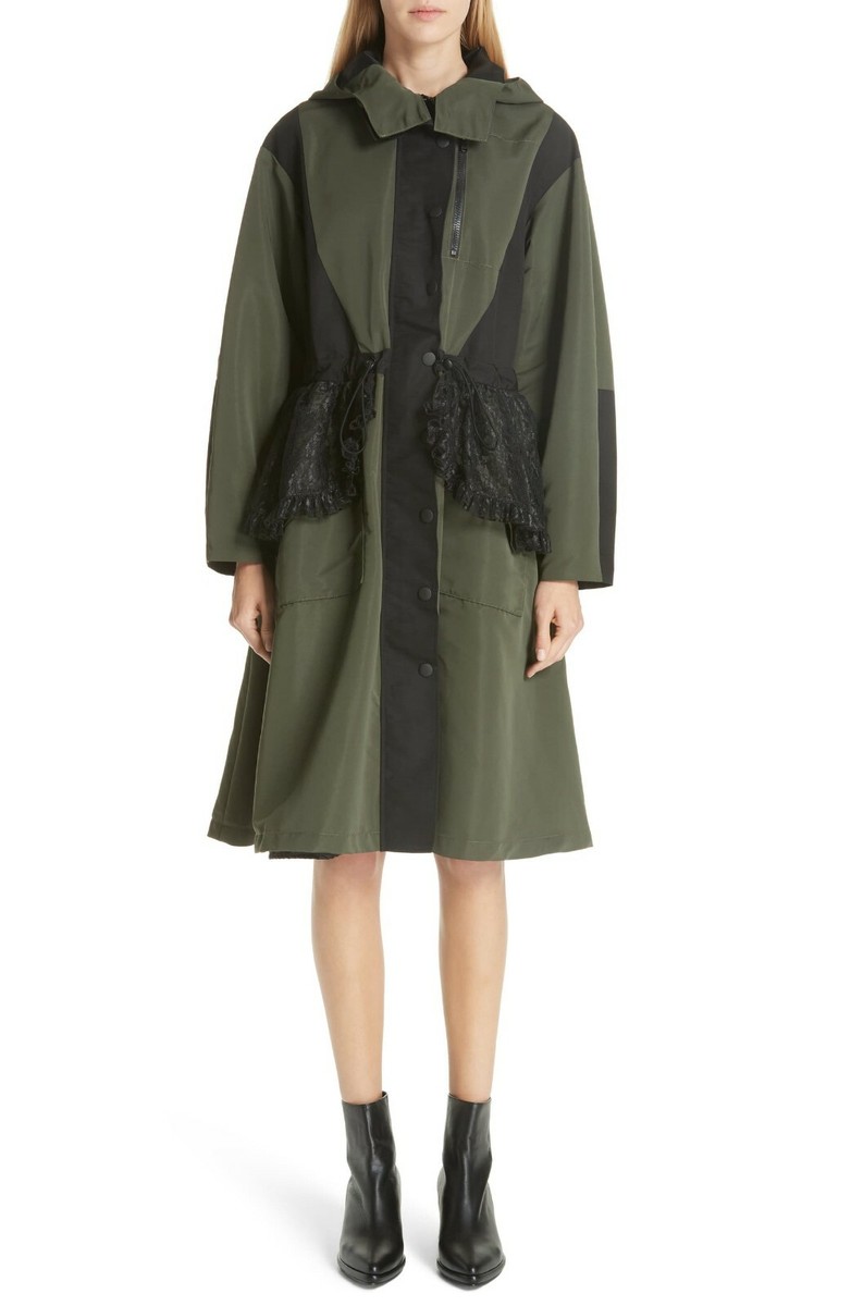 SANDY LIANG Olive Black TURNER Lace Ruffle Peplum Hooded