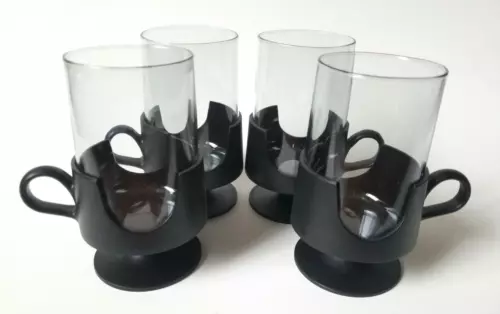Corning Glas Snap Hot Cold Pedestal Mugs Black Plastic Smoked Glass Set 4 Retro