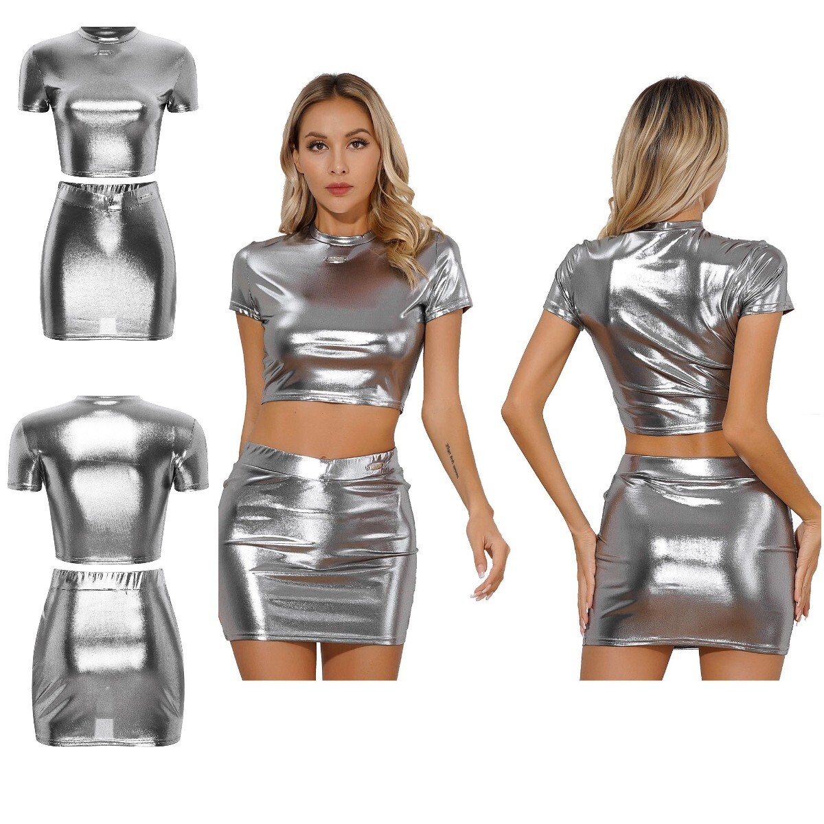 Womens Mini Skirt Club Bodycon Outfit Party Crop Top Short Sleeve 2-Piece  Shiny