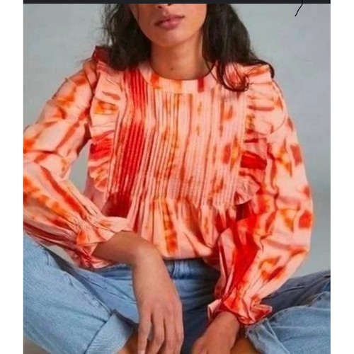 Camicetta Samant Chauhan stile Anthropologie con volant pintuck tinta unita plissettata boho - Foto 4 di 9