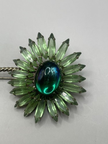 Vintage Schriner Unsigned Prong Set Green Rhinestone Daisy Flower Brooch As Is - Picture 7 of 14
