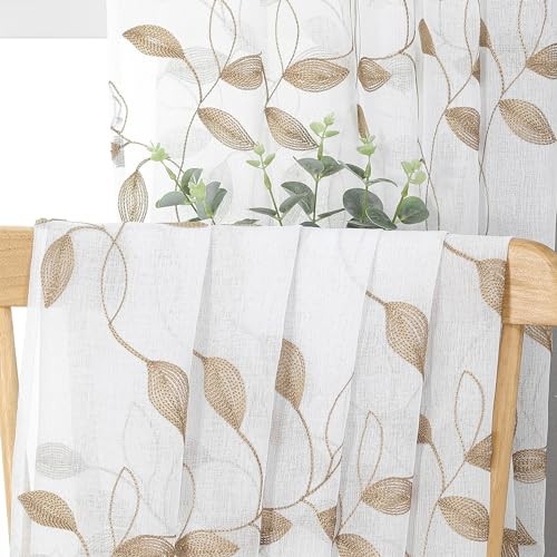 Taupe Leaf Sheer Curtains Leaves Embroidered Bedroom Short Curtain Rod Pocket - Picture 6 of 7