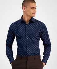 Alfani Mens Slim-Fit 4-Way Stretch Medallion Dress Shirt Navy Green-15-15.5 3233