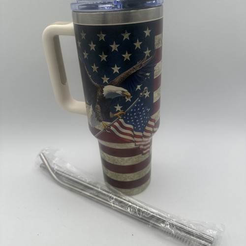 40 oz Tumbler  American Flag and Eagle Design Water Cup   With Lid and Straw - Picture 1 of 8