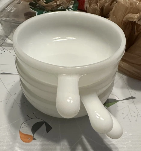 3 Vintage Glasbake Oven Proof  Soup  Bowls with Handle White Milk Glass